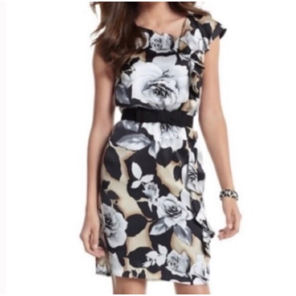White House Black Market Women's 4 Silk Floral Dress w/ Belt Black Cream Gray